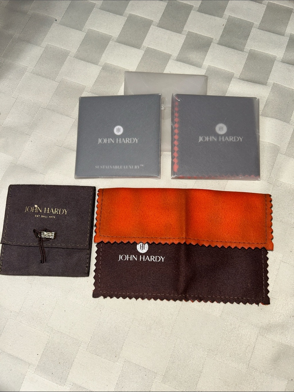 3 John Hardy Two-Tone Orange and Brown Microfiber Jewelry Cloths and envelope